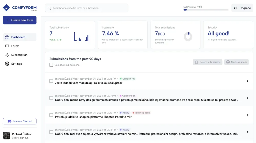 Screenshot projektu Comfyform